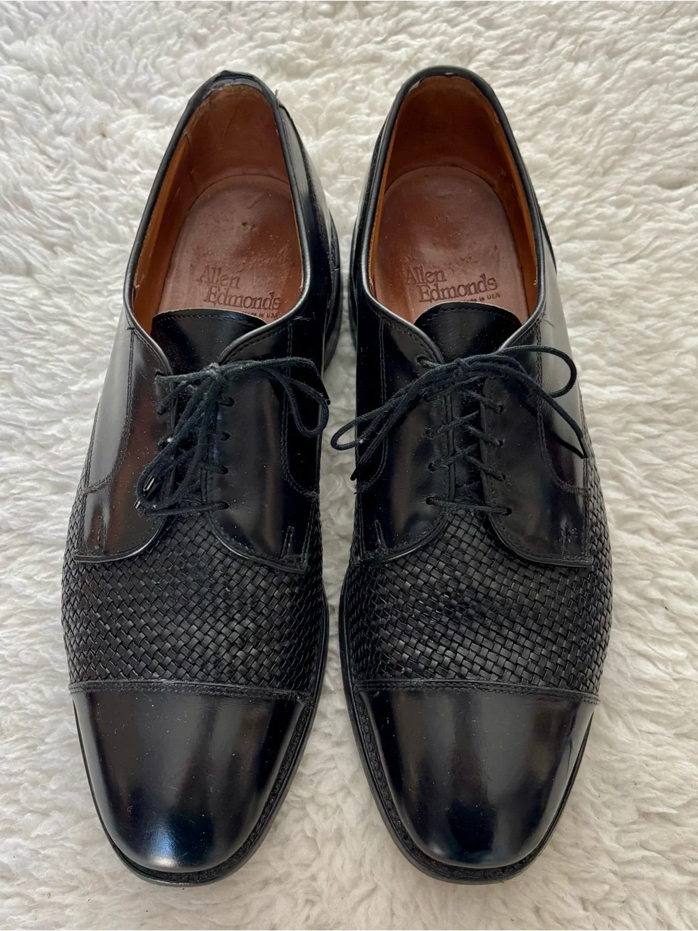 Allen Edmonds Lauderdale Black Leather Woven vamp Cap Toe Oxfords Shoes Sz 10.5D